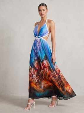 Roberto Cavalli Water color backless halter maxi dress